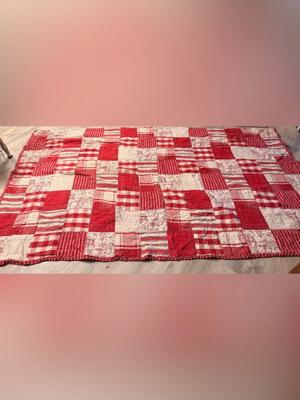 Vintage Red Patchwork Cutter Quilt Checks Toile Stripes 46 x 84